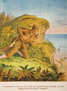 I Clambered to the Top of the Hill, and Perceived Two Miserable Wretches Dragged from the Boats for Slaughter, illustration from Robinson Crusoe by Daniel Defoe by English School